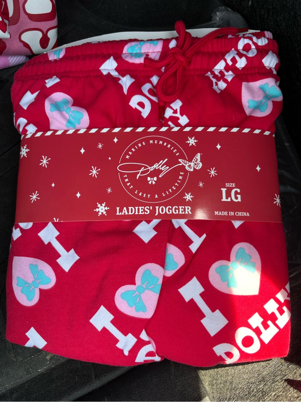 Dollcake Red Jogger Pajama Bottoms with Pink & Aqua Heart Print